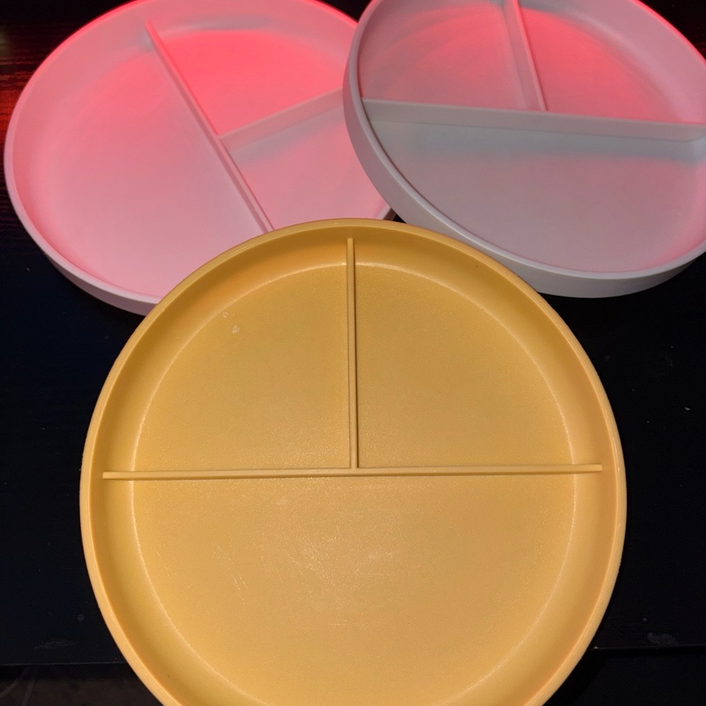 Set of Three Divided Plates in Yellow, Pink, and White